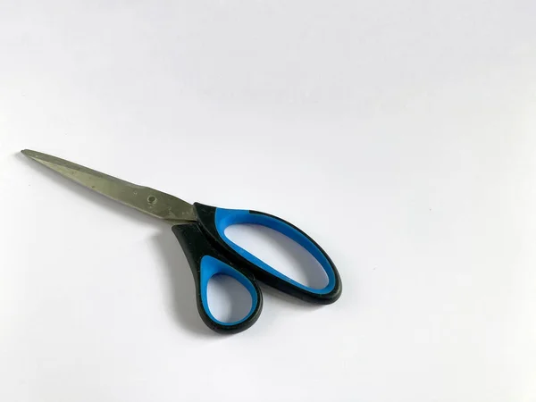 Blue Black Scissors Isolated Grey Background Copy Space — Foto Stock