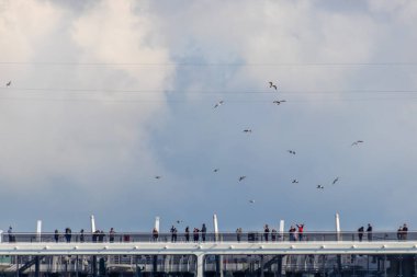 Vigo, İspanya - 24 Nisan 2020: Etkileyici MSC Preziosa yolcu gemisindeki insanlar