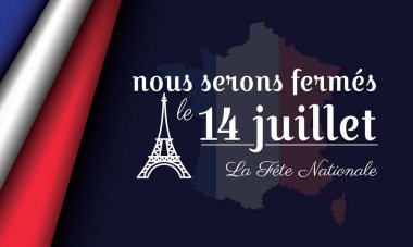 Fransa bayrağı ve Eyfel kulesi ile Kapalı İşaret Bastille Günü Arkaplanı 14 juillet La Fete Nationale (14 Temmuz 'da Ulusal Gün' de kapatıyoruz))