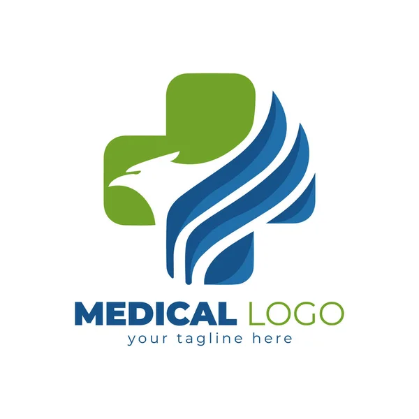 Groene Adelaarskop Met Medisch Gezondheidslogo Design Inspiratie Kruis Medisch Logo — Stockvector