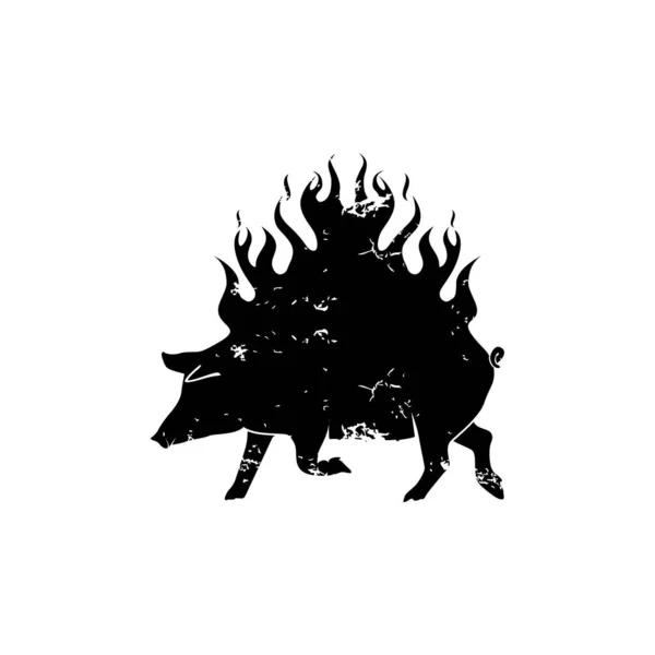 Grunge Pork Pig Boar Fire Flame Silhouette Bbq Barbecue Logo — Stock Vector