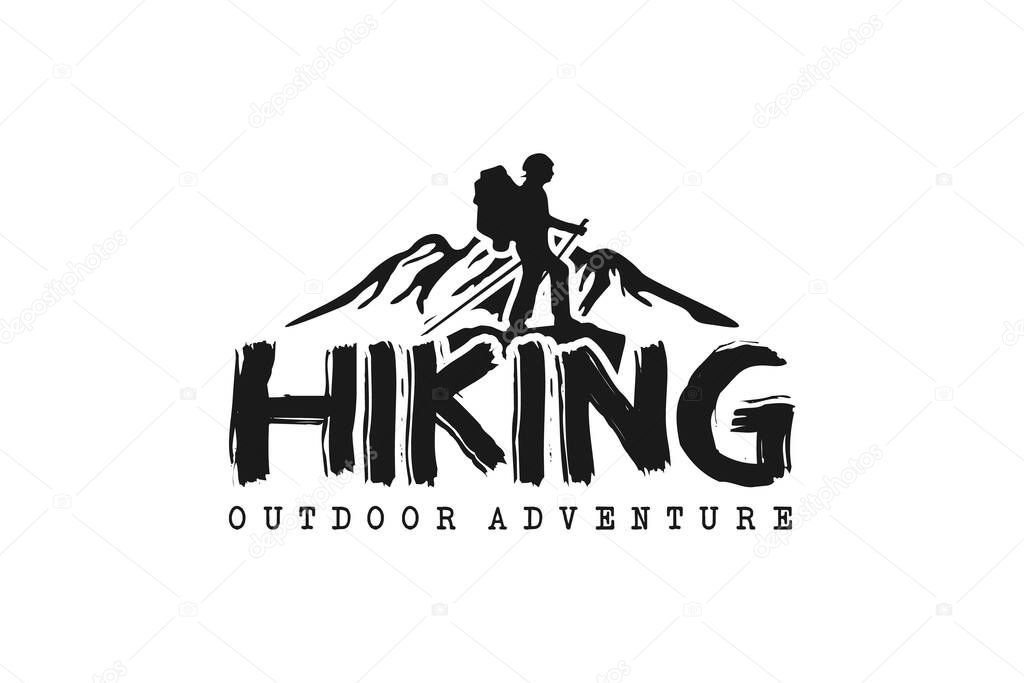 Vector Illustration : Hiking Typography With Hiker And Mountain Silhouette For Outdoor Adventure Logo Or Outdoor Brand