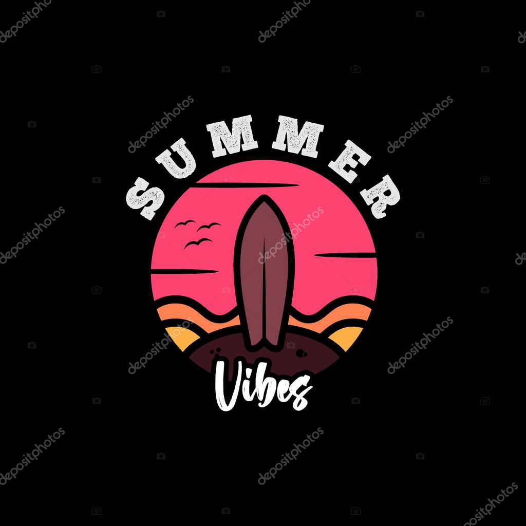Simple Surfboard And Beach For Summer T-Shirt Or Logo Design. Summer Vibes Typography