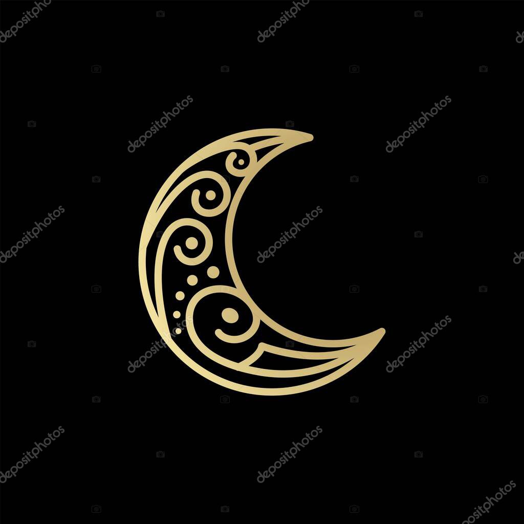 Gold Golden Crescent moon With Asian Ethnic Batik Motif Logo Design