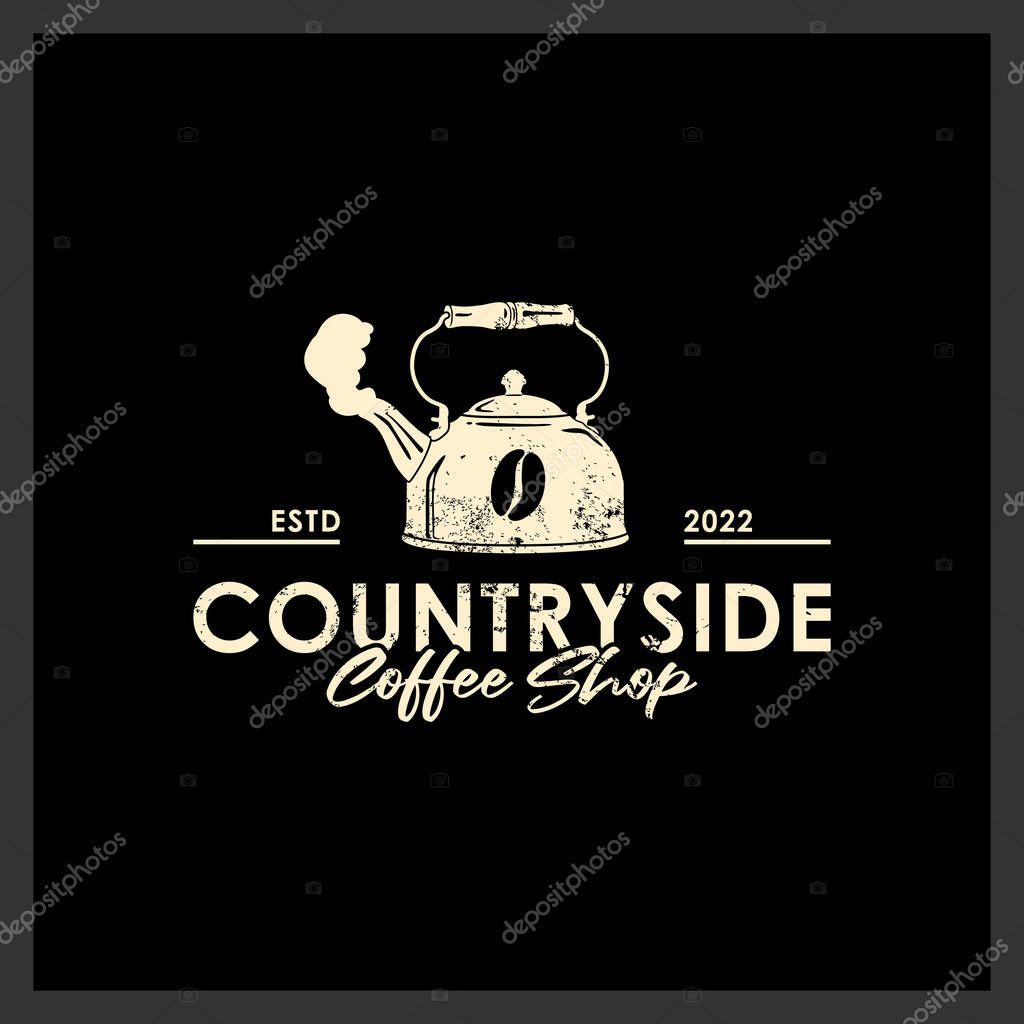 Vintage Kettle Boiler Cauldron With Coffee Bean Icon For Country Coffee Shop Logo