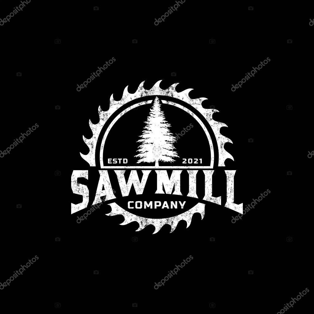 Sawmill Carpenter Woodwork Logo With Circle Saw Blade And Fir Tree vector design