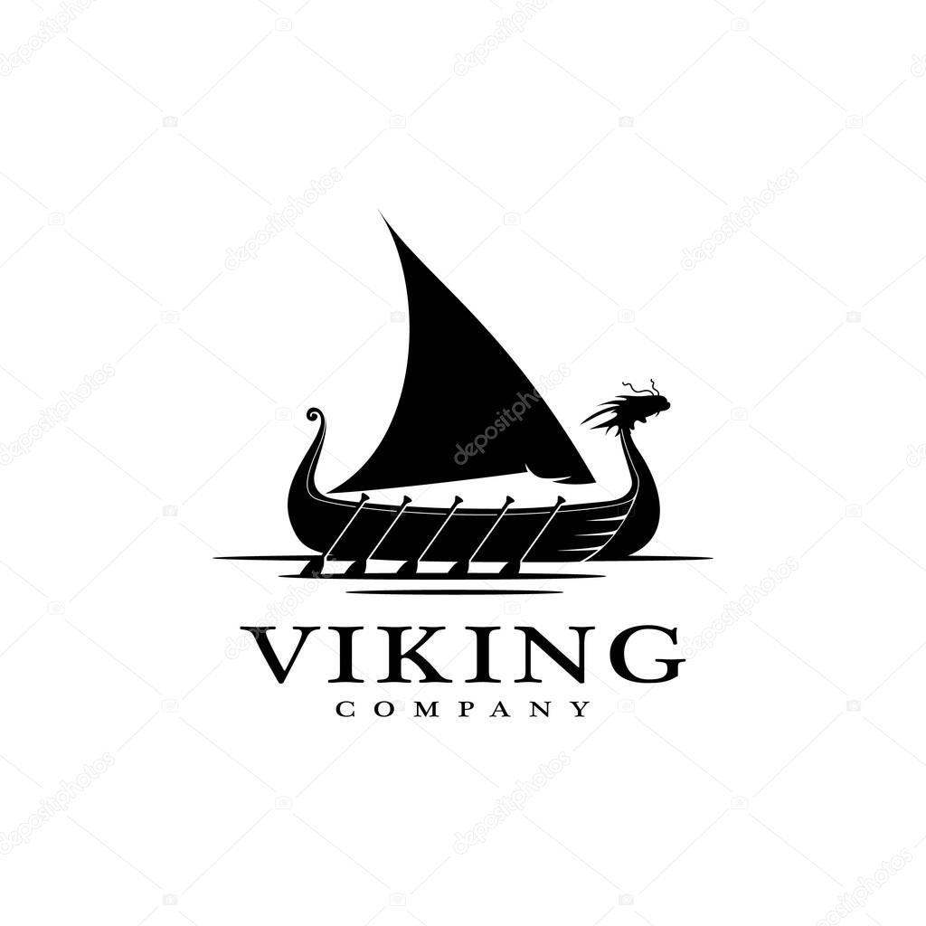 Vintage Viking Ship Boat Silhouette With Dragon Head Logo design