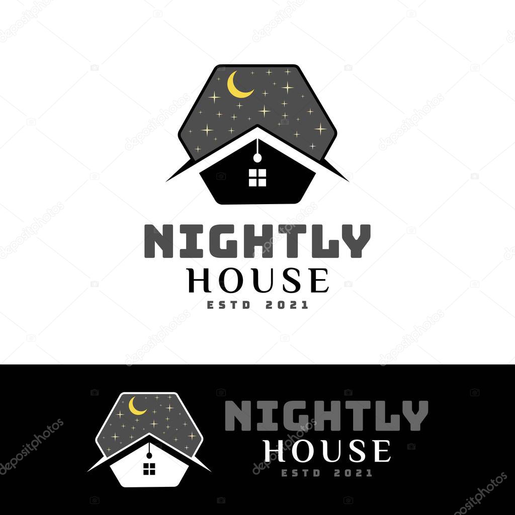 Night Hexagon House With Moon and Stars Logo For Hotel, Lodging, Rent House and Apartment