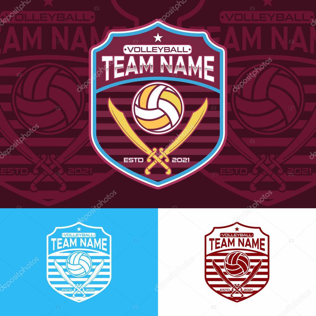 Volleyball Badge with Crossed Sword. Volleyball Team logo design inspiration