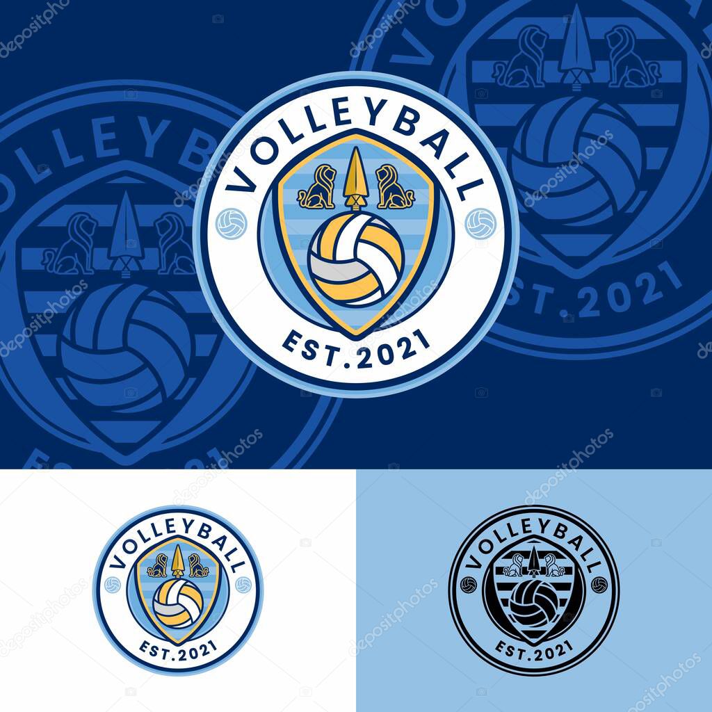 Round Volleyball Badge With Lion And Spear Logo , Volleyball Sports Logo Inspiration Design
