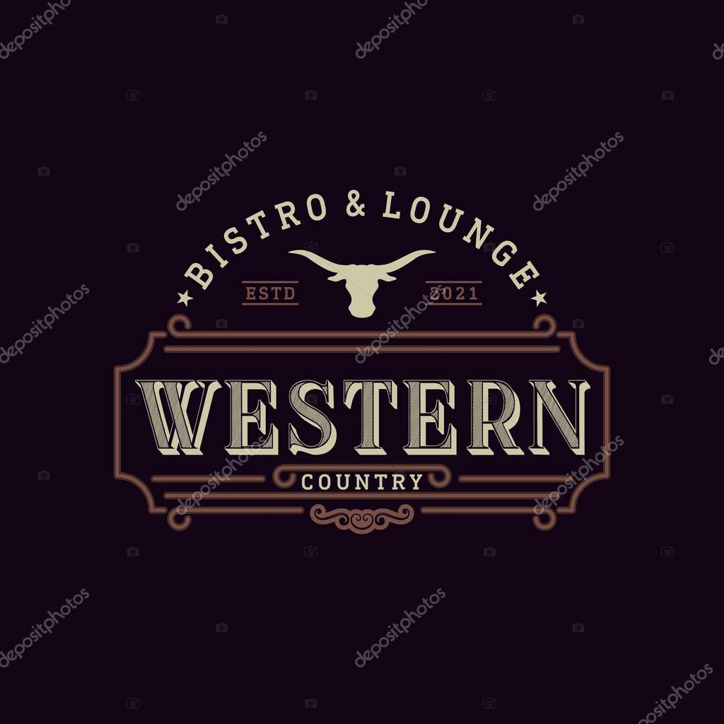 Vintage Emblem For Western Bar or Restaurant With Long Horn Icon Logo Design Inspiration