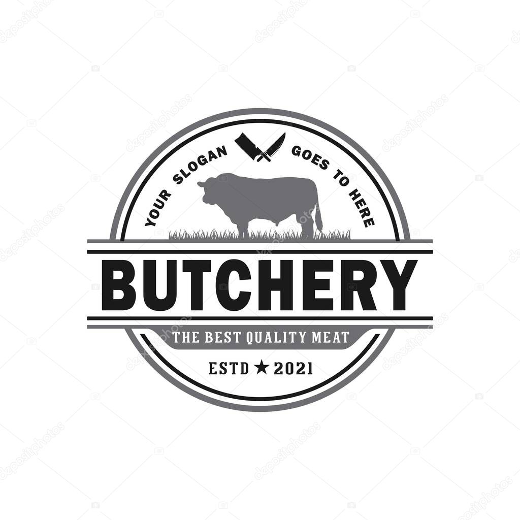 Retro Vintage Cattle , Angus , Beef Emblem Label logo design vector