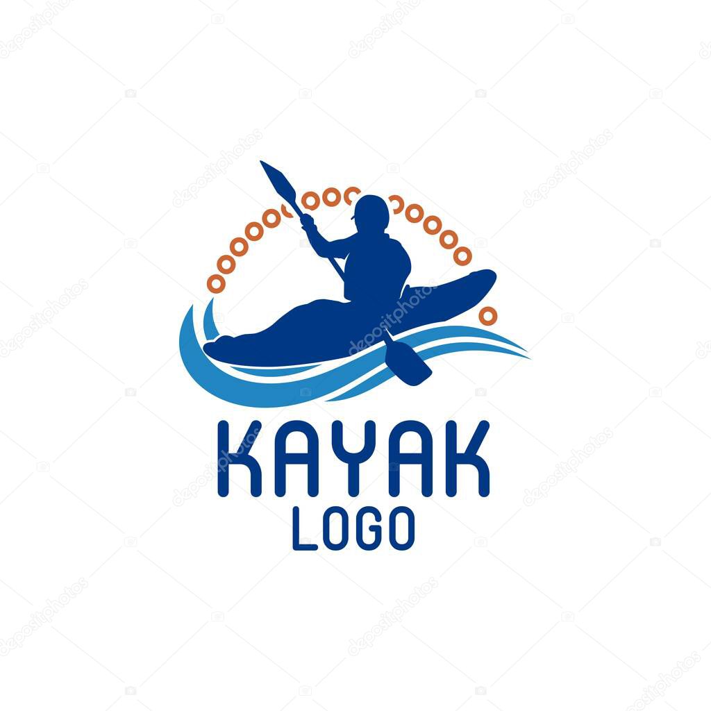 Kayak boat paddle pedal, silhouette of river stream kayaker logo design