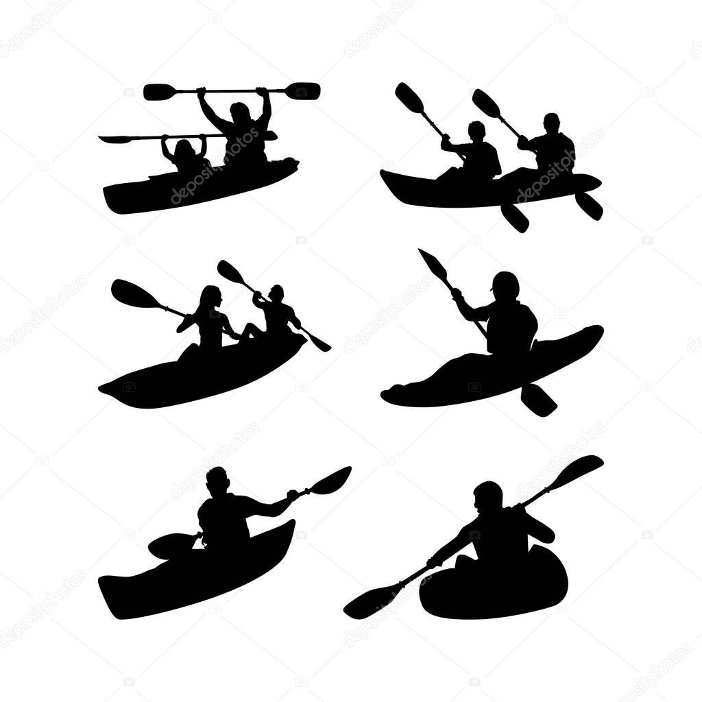 Kayak boat paddle pedal set , kayaker silhouette set inspired design collection