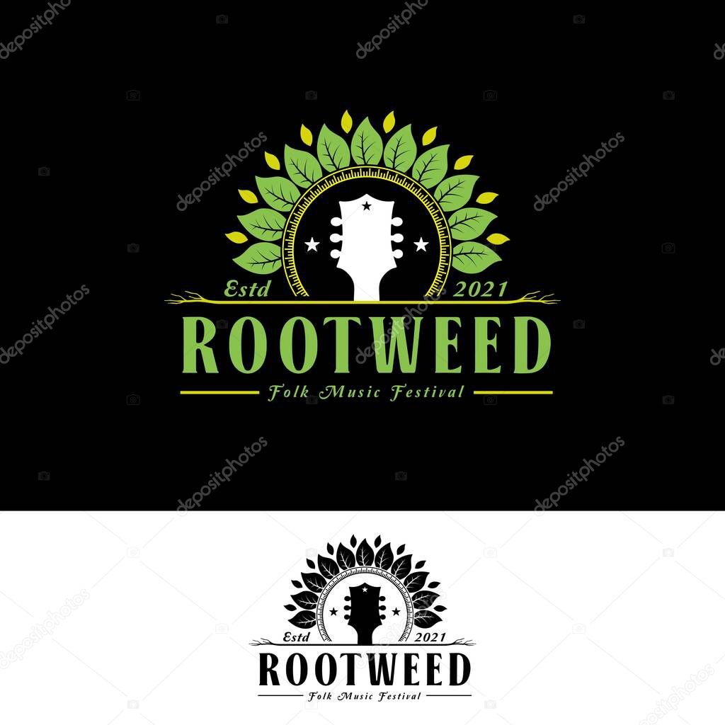 Guitar Head Leaf And Root Logo For Folk Music Festival