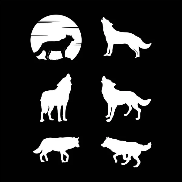 Wolf Silhouet Set Wolven Huilen Bij Volle Maan — Stockvector