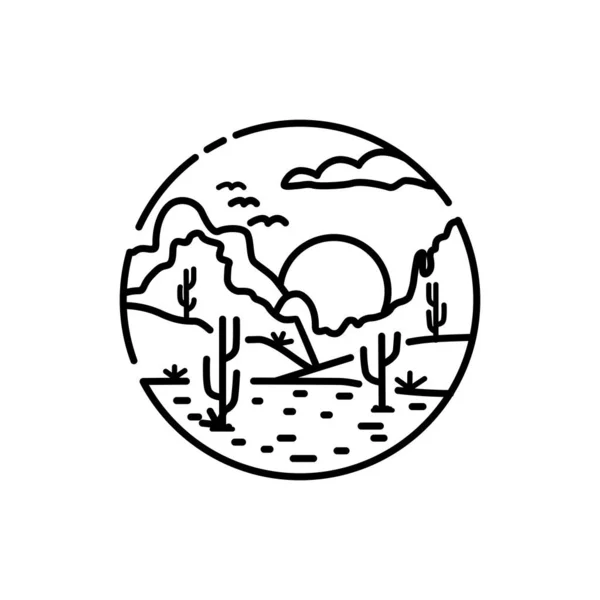 Wüste Logo Arid Land Mit Kaktusbäumen Für Abenteuer Vintge Hipster — Stockvektor