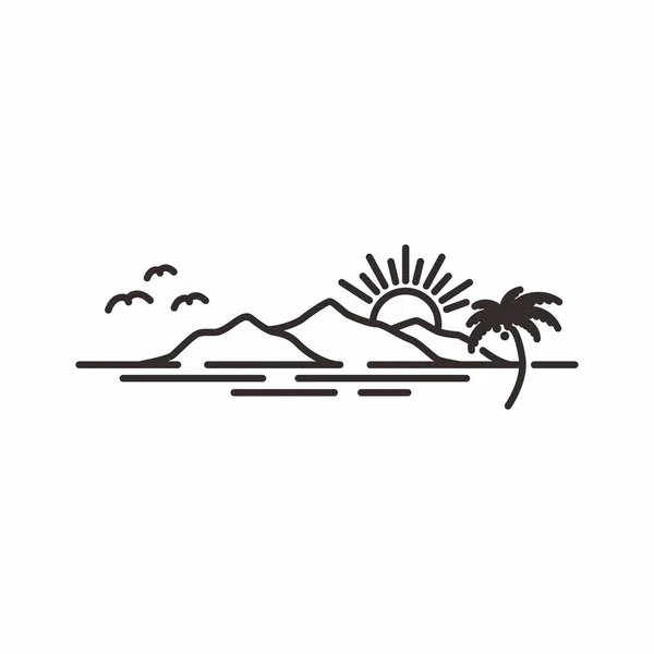 Sonnenuntergang Strand Szene Mit Bergen Und Kokospalmen Logo Design Inspiration — Stockvektor