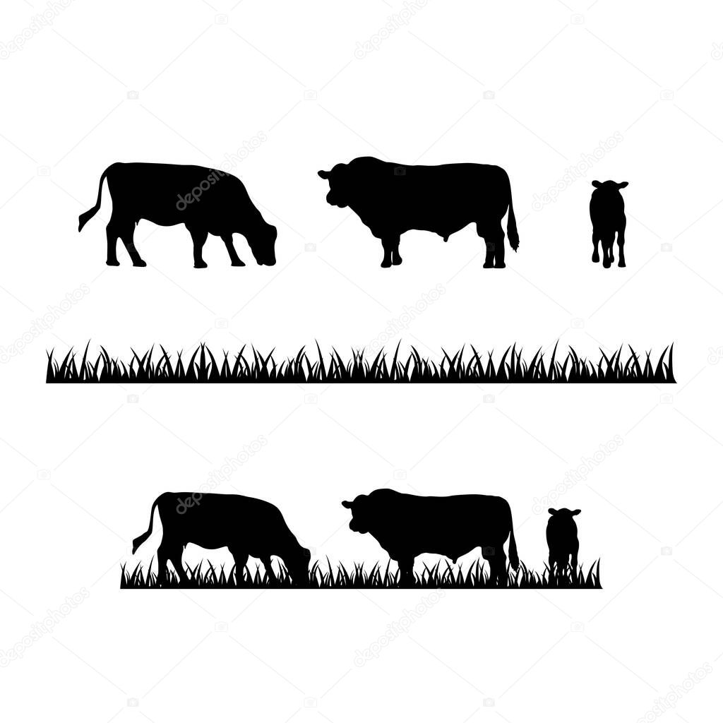 Angus Cow, Cow and Grass farm silhouette farm logo design