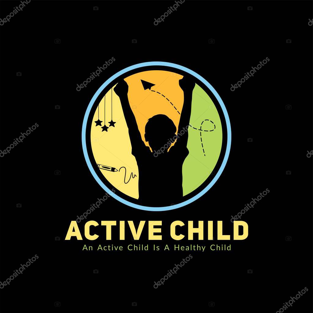 Logo Kindergarten or Children's Lesson Place With Child Silhouette Raising Hand