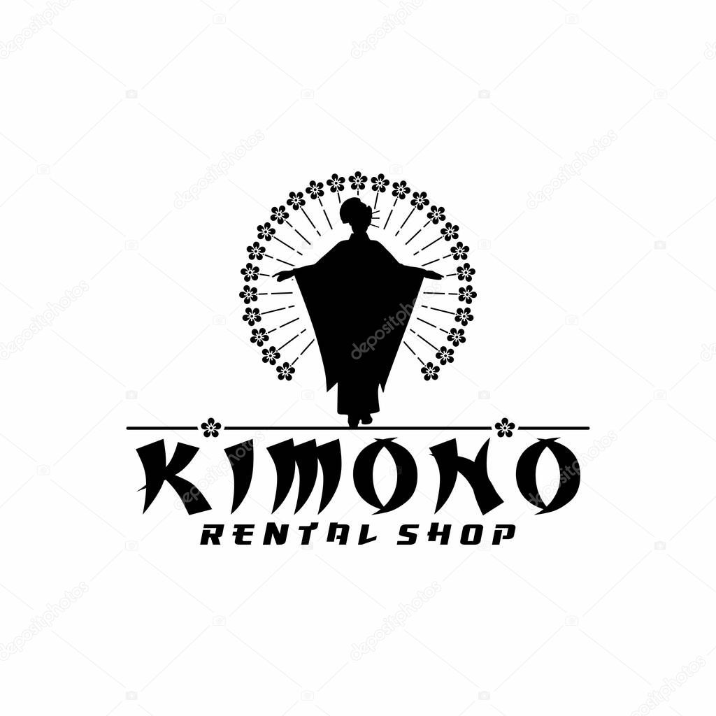 Silhouette of Japanese Woman Wearing Kimono, Shop Boutique Logo or Japanese Clothing