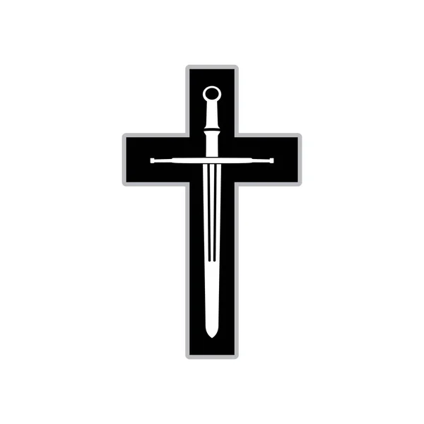 Christian Cross Old Vintage Sword War Veterans Cemetery Logo Medieval — Stock Vector