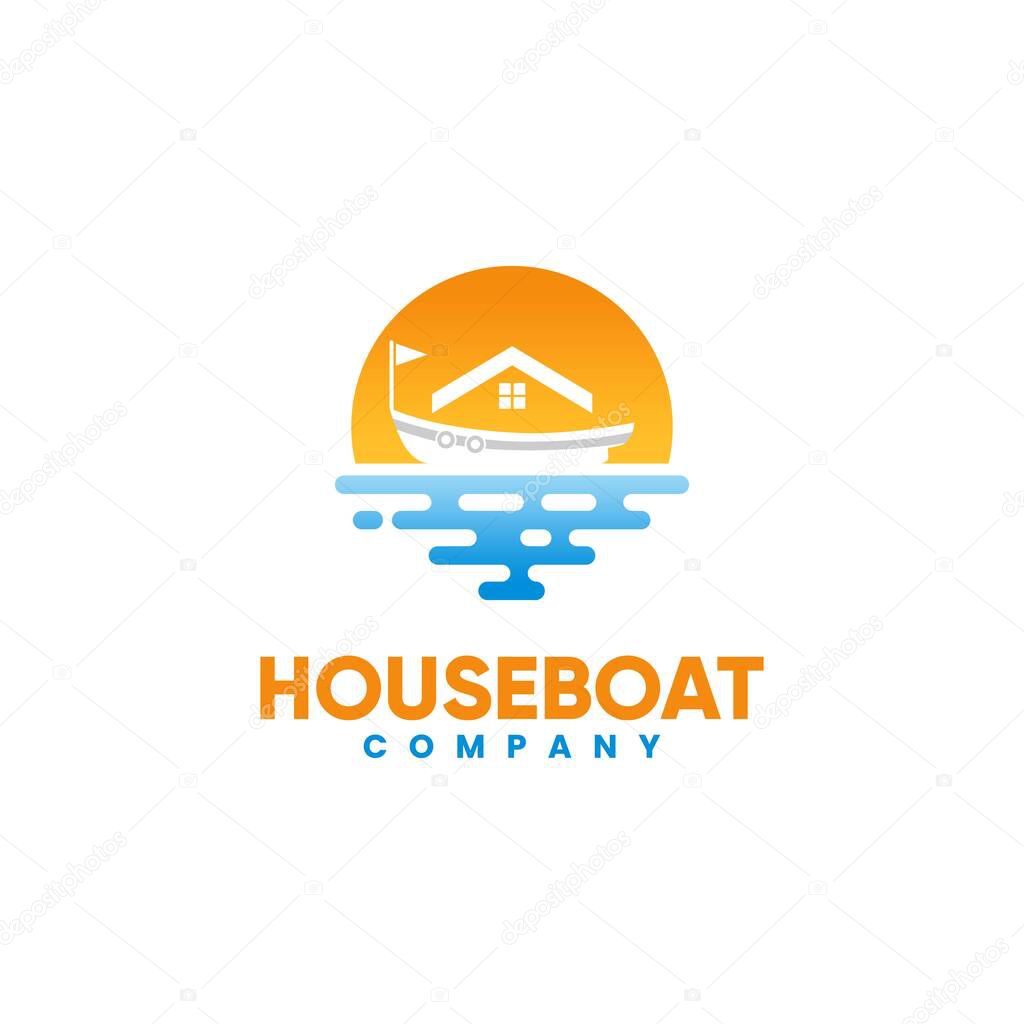 Boat House And Sunset On The Sea For Beach Vacation Resort Logo