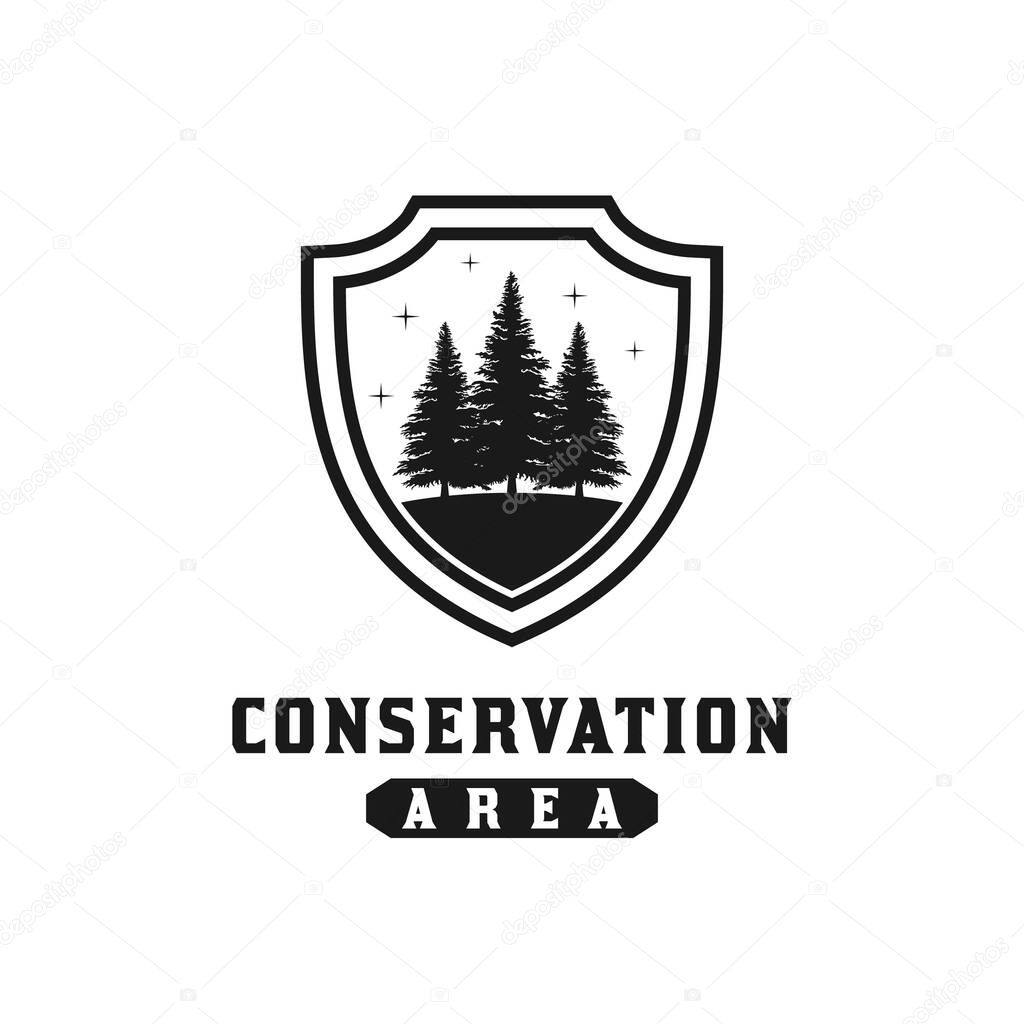 Pine Tree with Shield For Protected Forest Logo, Or Nature Reserve Design Inspiration