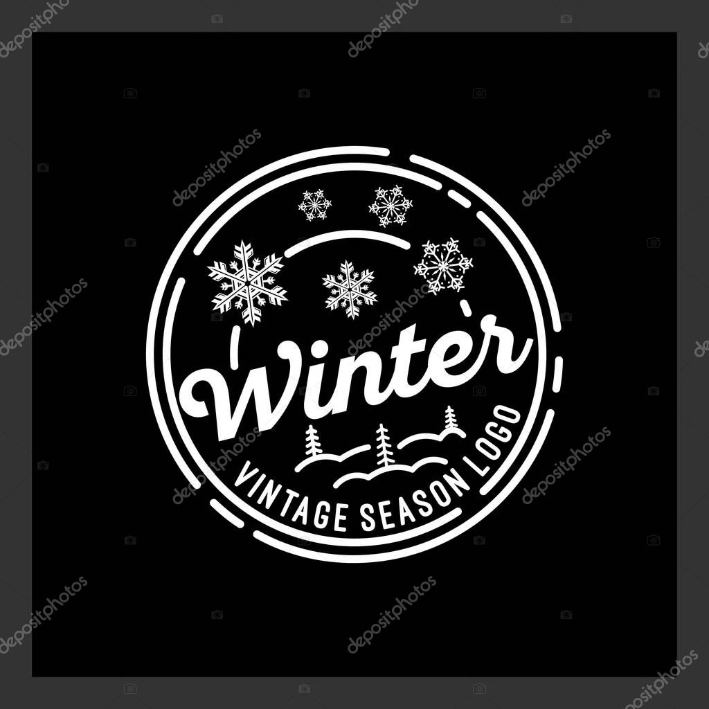 Snowflake Winter With Pine Trees For Winter December Holiday Line Art Vintage Hipster Label Stamp Logo design