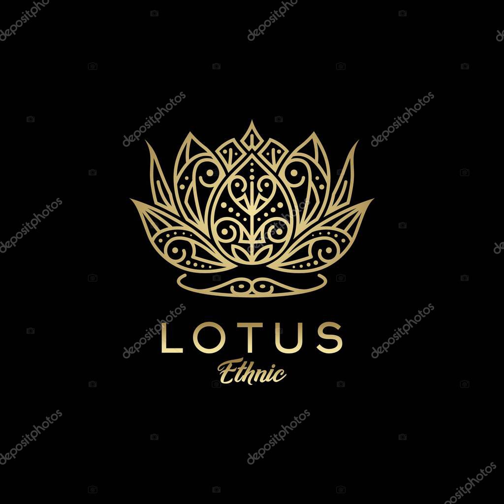 Golden Lotus Flower Logo With Asian Batik Ethnic Motif