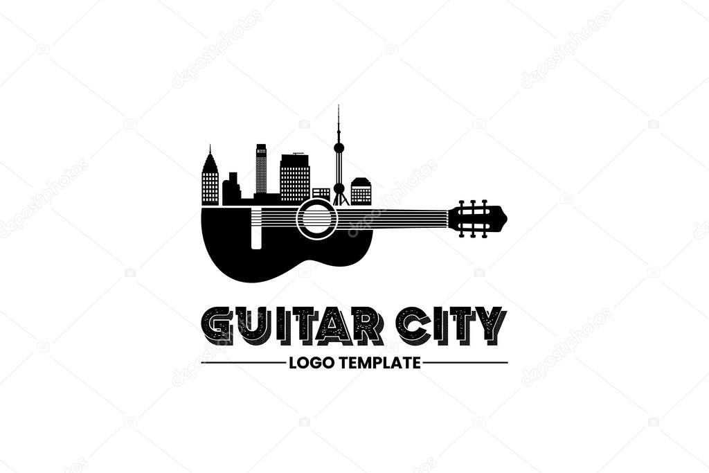Guitar And Cityscape Logo Design