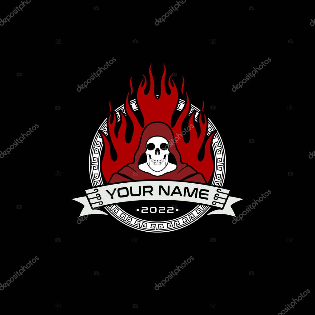 Fire Cloak skull with greek ornament for game community logo design inspiration