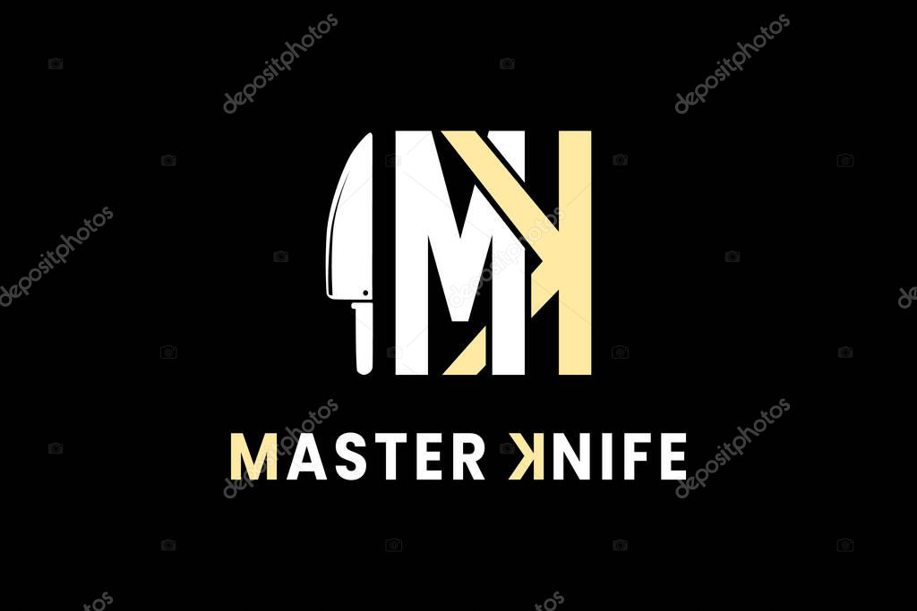 Letter MK or KM Identity Logo With Knife Icon Design Inspiration