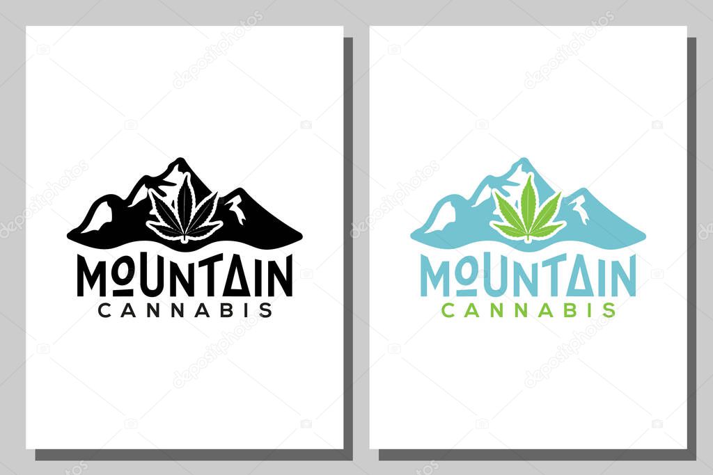 Mountain Peaks with cannabis marijuana pot hemp for cultivation cbd logo design