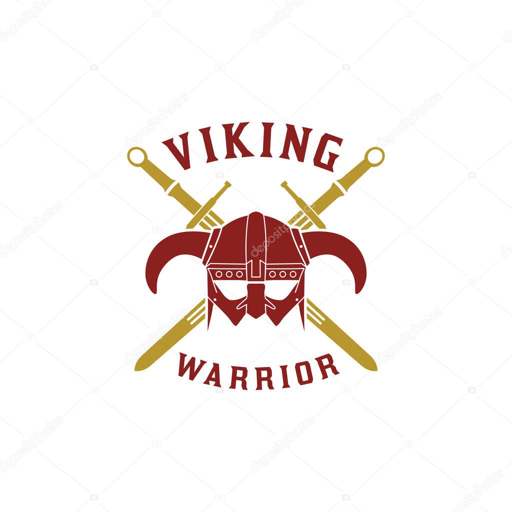Ancient Warrior Helmet Armor of Viking And crossed swords Logo Design