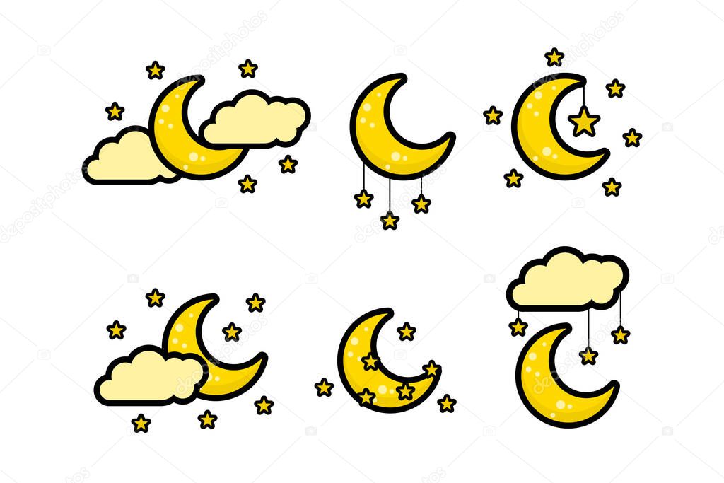 Crescent Moon, Stars And Clouds Collection Bundle Vector