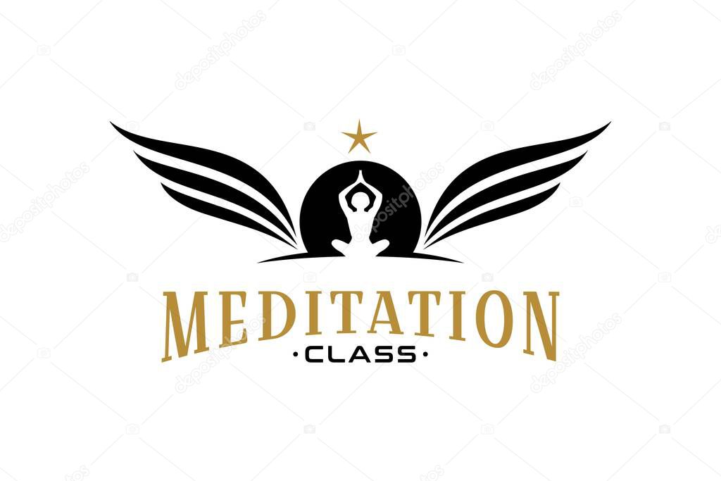 Yoga People Silhouettes With Sun And Wings For Meditation Logo Design Inspiration