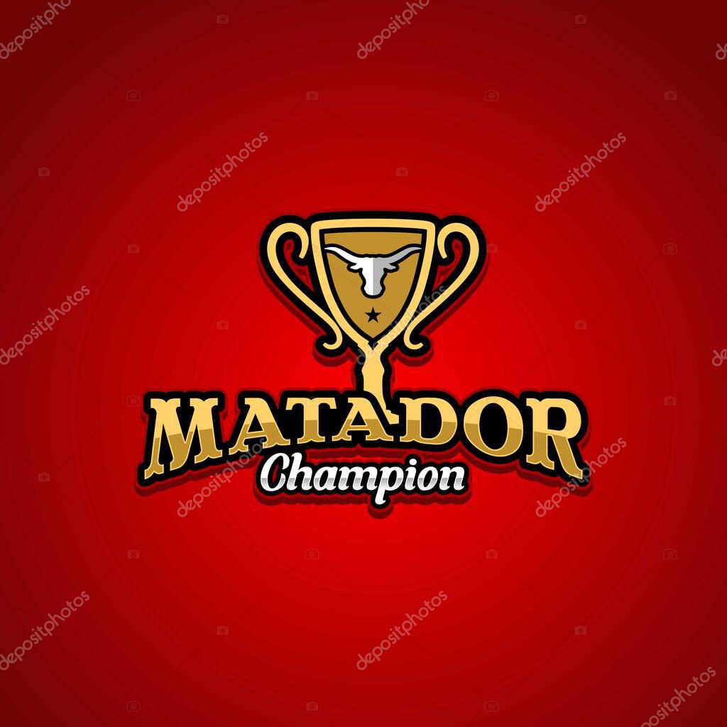 Modern matador logo with trophy and buffalo head for matador champion winner