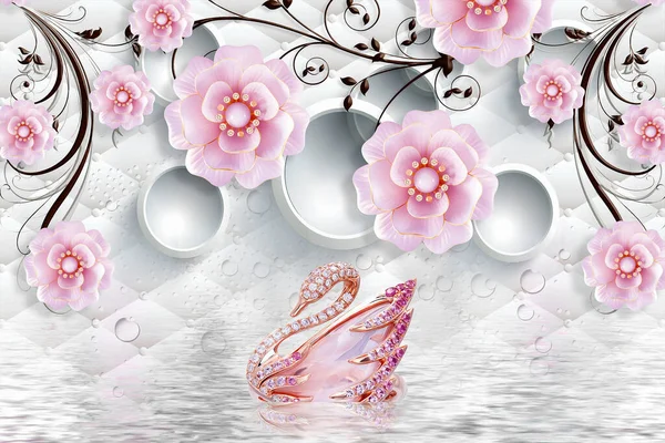 3D wallpaper jewelry pink flower with swan and water reflection 3d background for interior for surface