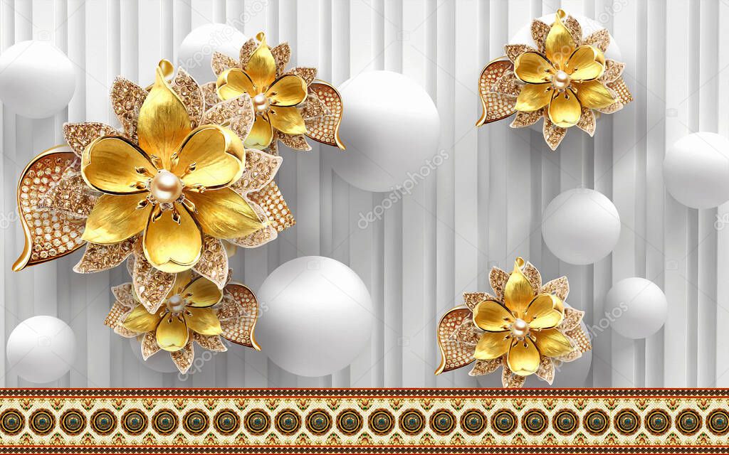 3D wallpaper jewelry flower golden for home interior classic decorative 3d background for surface