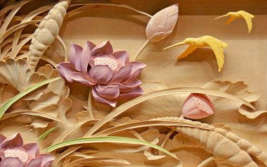 3D duvar kağıdı tasarımı lotus çiçeği ve kuşların soyut arkaplanı