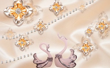 Üç boyutlu soyut duvar kağıdı güzel çiçek ve kuşlarla birlikte, üç boyutlu arka plan.