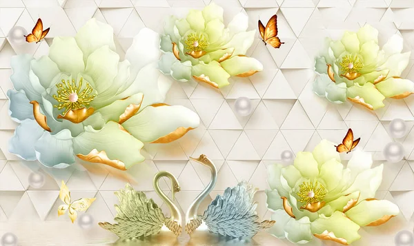 3D amazing wallpaper lotus flower and pearl, butterfly, nice background