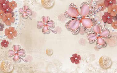 İnci soyut arkaplanlı 3D mücevher çiçeği