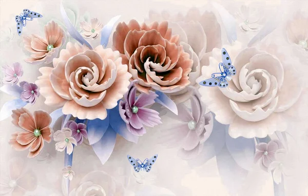 Mekan Için Boyutlu Güzel Mavi Çiçek Duvar Kağıdı Kelebek Soyut — Stok fotoğraf