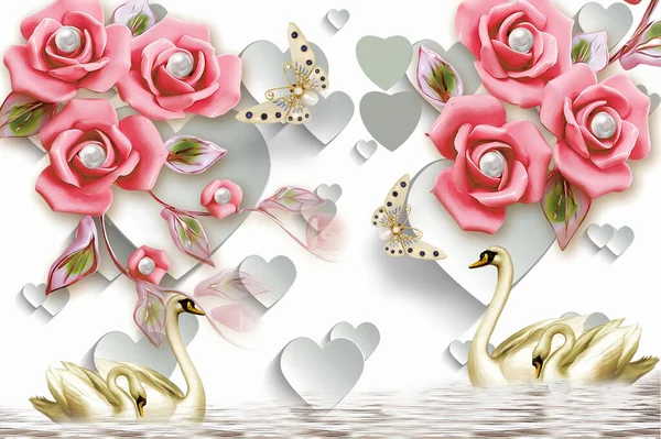 Customized Wallpaper Red Rose Flower Swan Butterfly Pearls Beautiful Heart — Stock Photo, Image