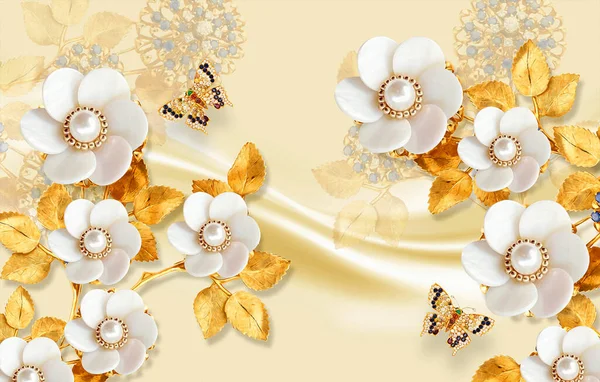 3D gold jewelry white flower wallpaper and butterfly satin texture background