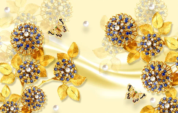 3D Gold jewelry flower wallpaper and butterfly satin texture background