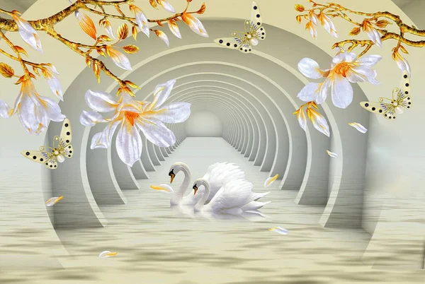 3D illustration wallpaper murals flower and swan and butterfly, water background