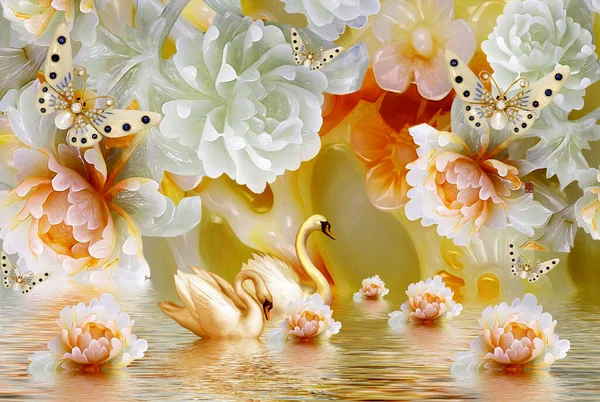 3D illustration realistic wallpaper murals flower and swan and butterfly, water background